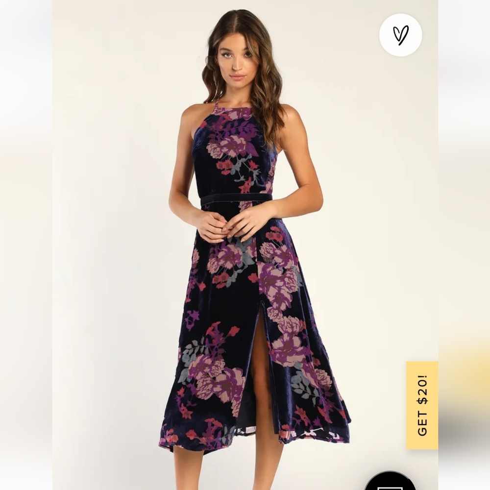 Lulus Endearing Style Navy Blue Floral Velvet Burnout Midi Dress